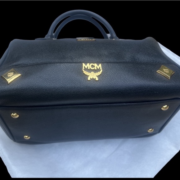 EUC- MCM Black Leather Gold Studded Boston Bag w/ unbranded xbody strap - Picture 12 of 16